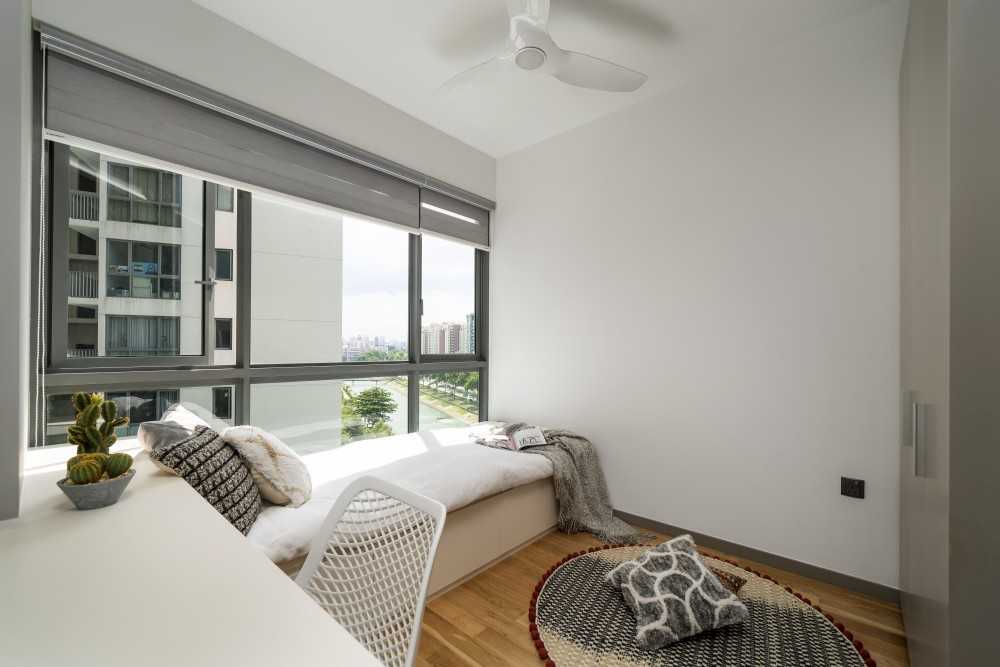 Contemporary Bedroom with Wood Flooring and Built-in Bed