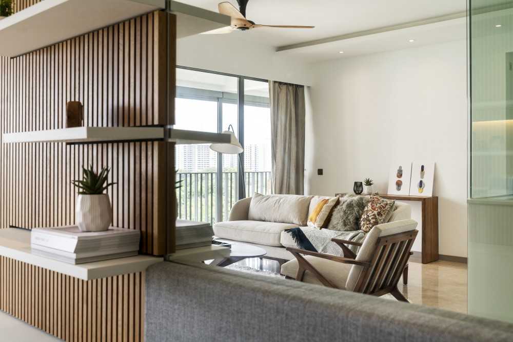 Contemporary Living Room with Bookshelf and Marble Floor