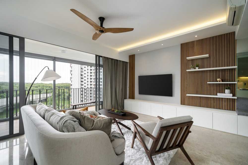 Contemporary Living Room with Bookshelf and Marble Floor