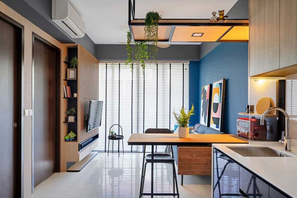 Modern Living Room with Bookshelf and Countertop