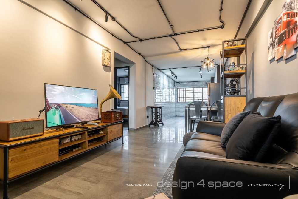 Industrial Living Room with Bookshelf and Homogeneous Tiles