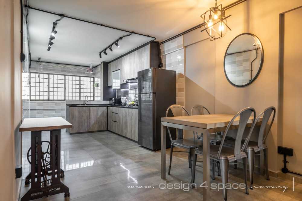 Industrial Dining Room with Open Kitchen and Kitchen Backsplash