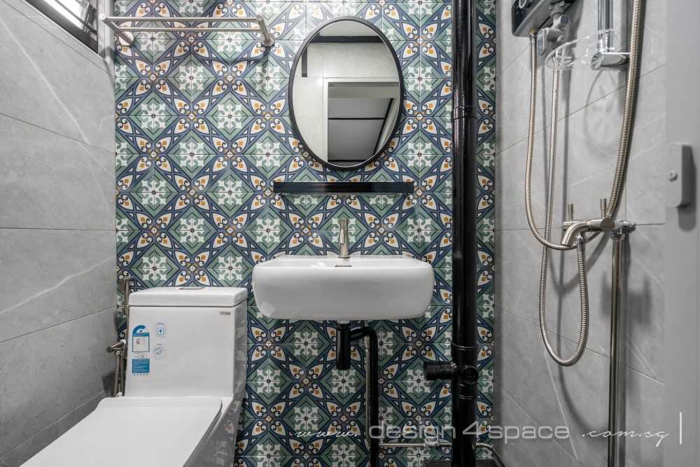 Industrial Bathroom with Wood Flooring and Mirror