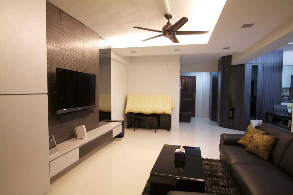 Modern Living Room with Homogeneous Tiles and TV Console