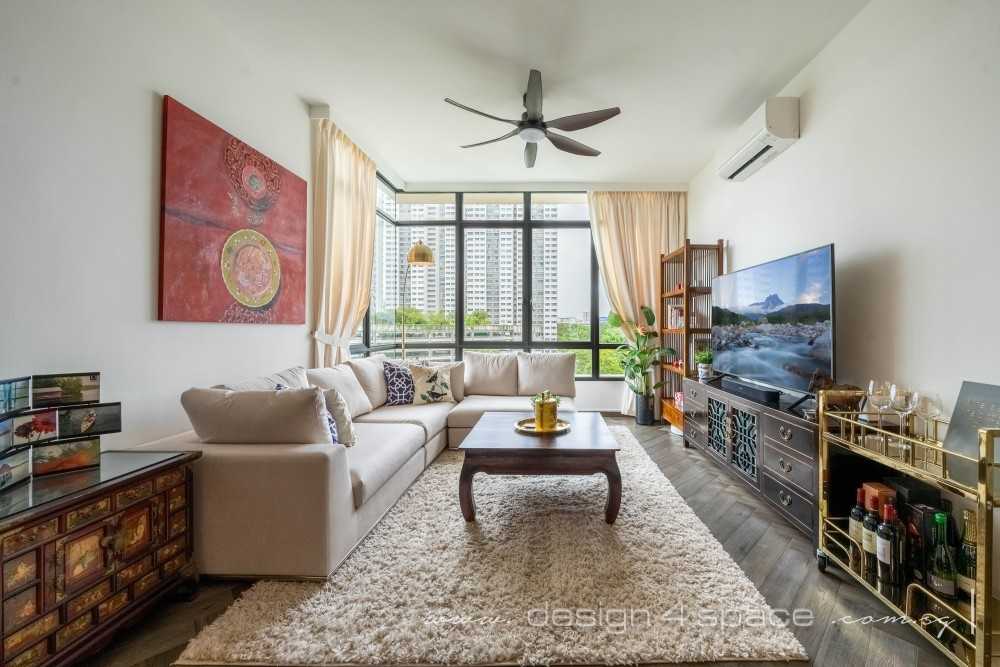 Asian Living Room with Vinyl Flooring and Parquet Floor
