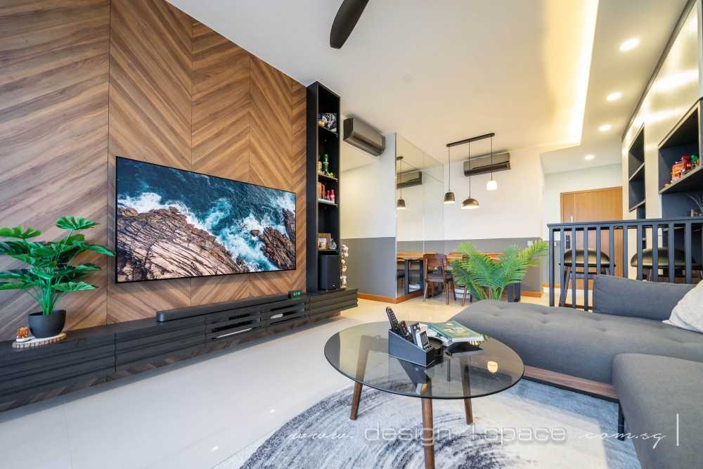 Modern Living Room with Homogeneous Tiles and Feature Wall