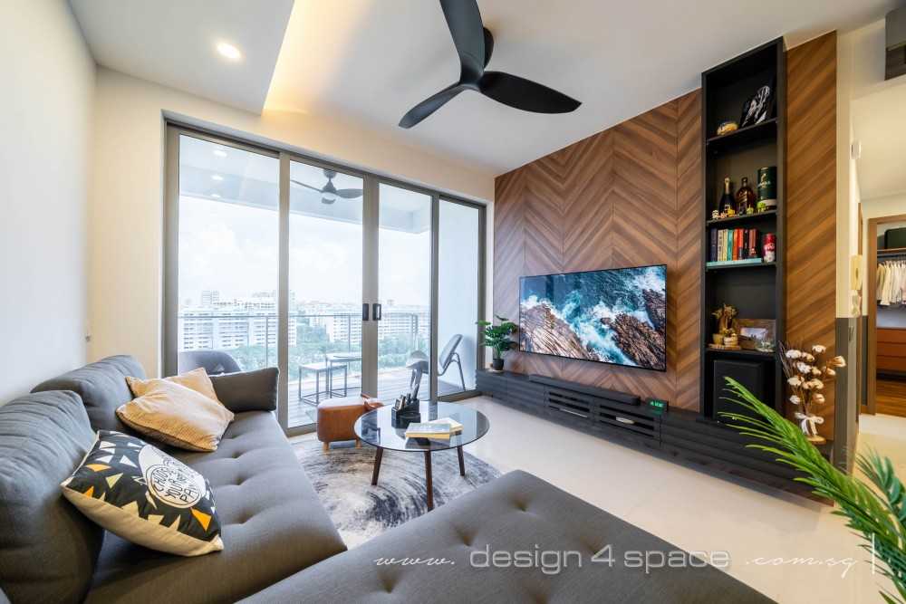 Modern Living Room with Bookshelf and Homogeneous Tiles