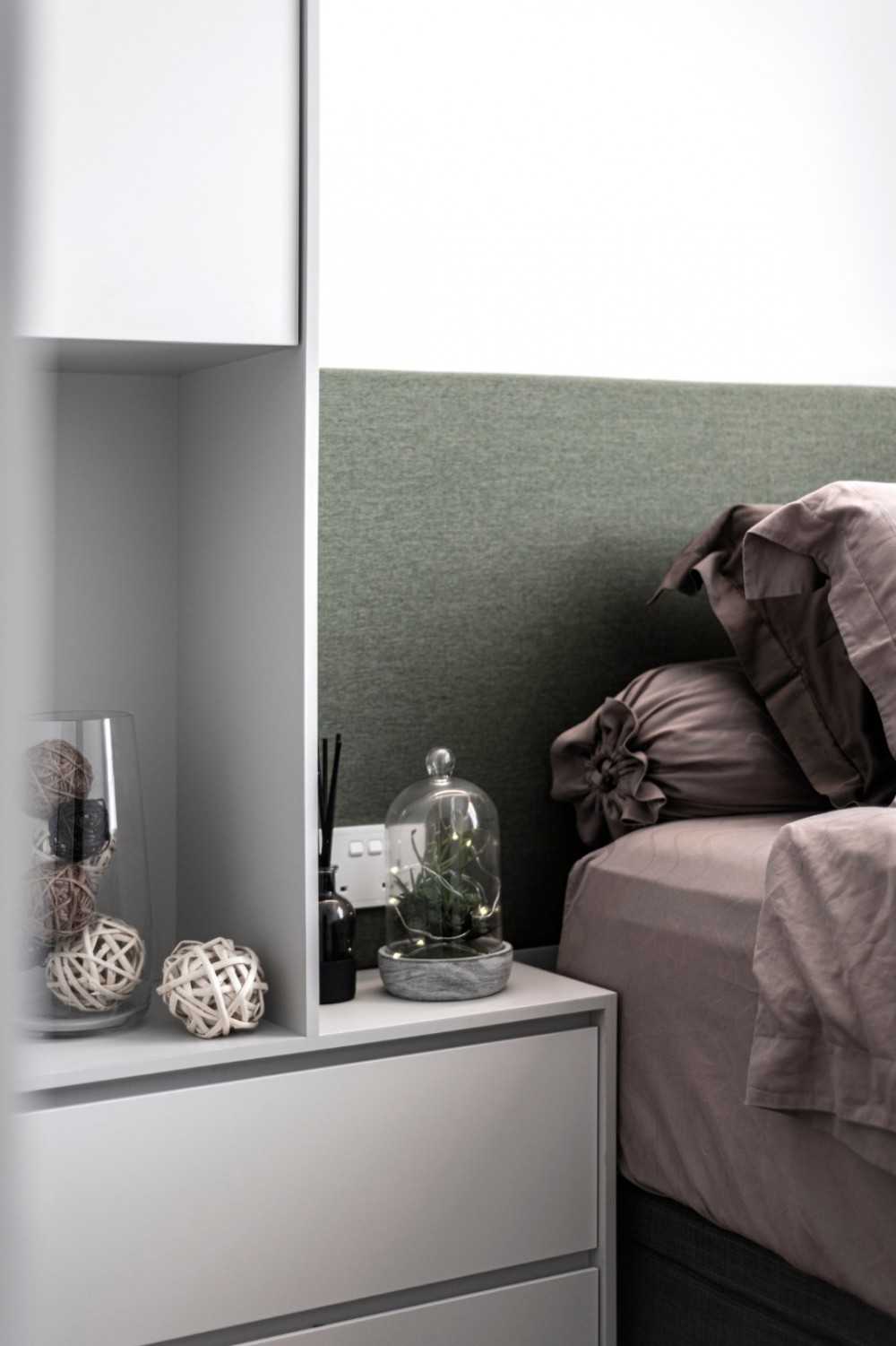 Modern Bedroom with Bedside Table and Display Cabinets