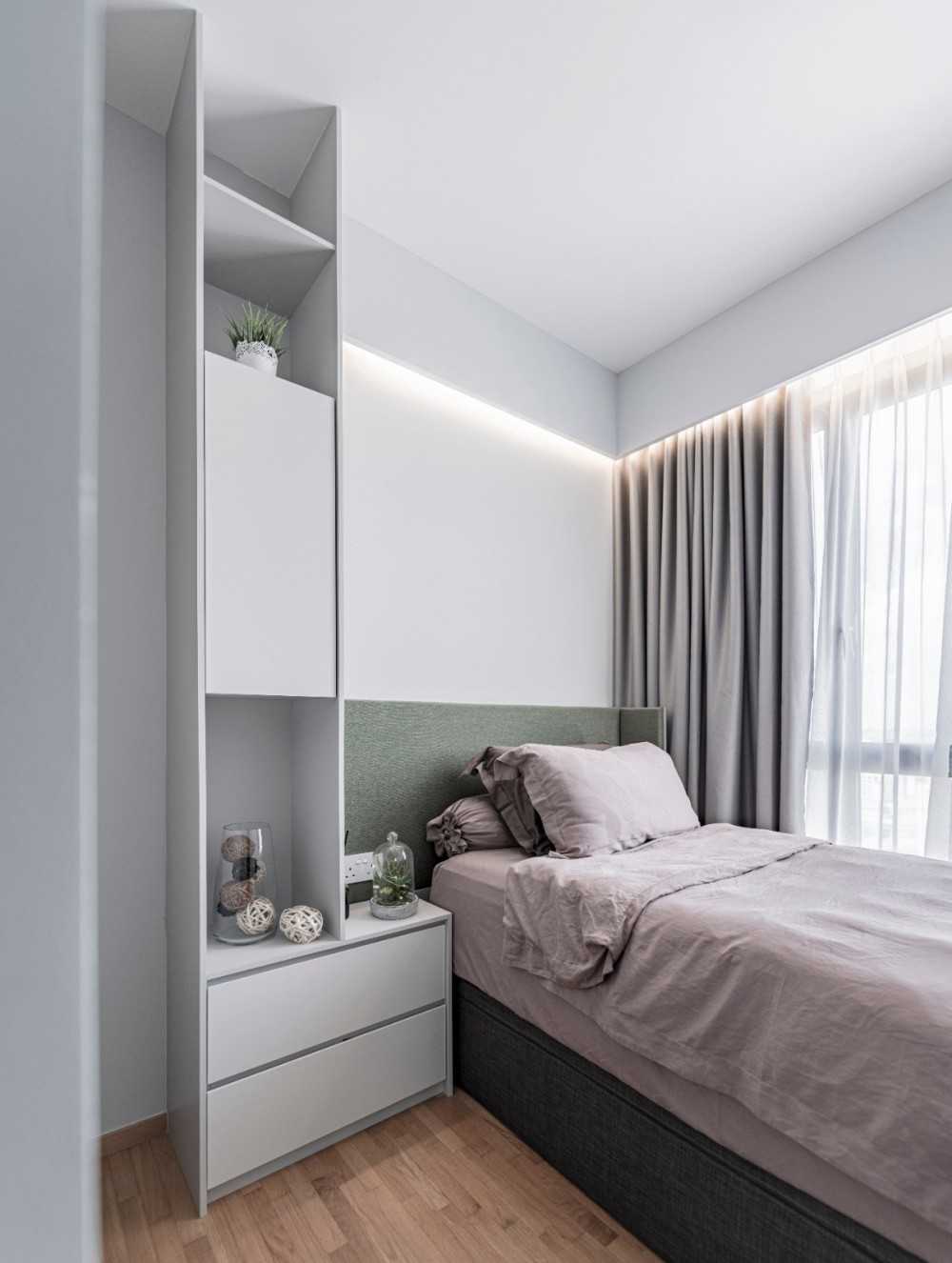 Modern Bedroom with Wood Flooring and Bedside Table