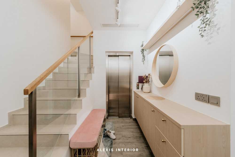 Contemporary Basement with Settee and Mirror
