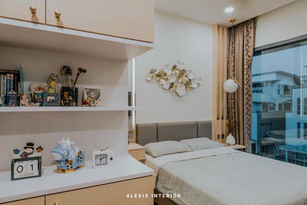 Contemporary Bedroom with Bookshelf and Platform Bed