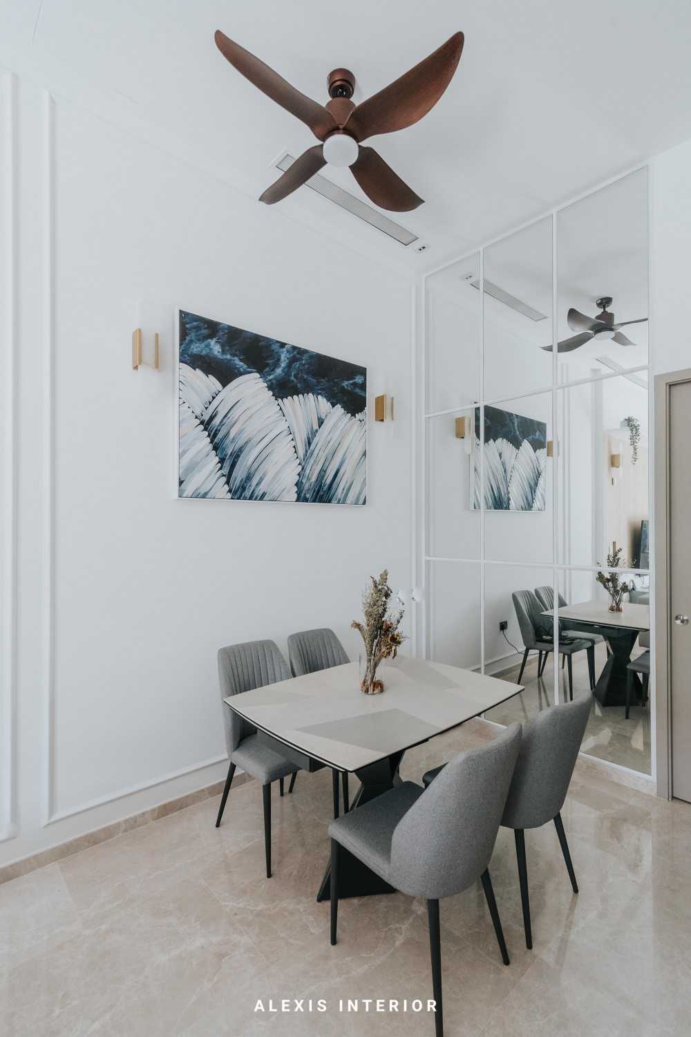 Contemporary Dining Room with Mirror and Ceiling Fan