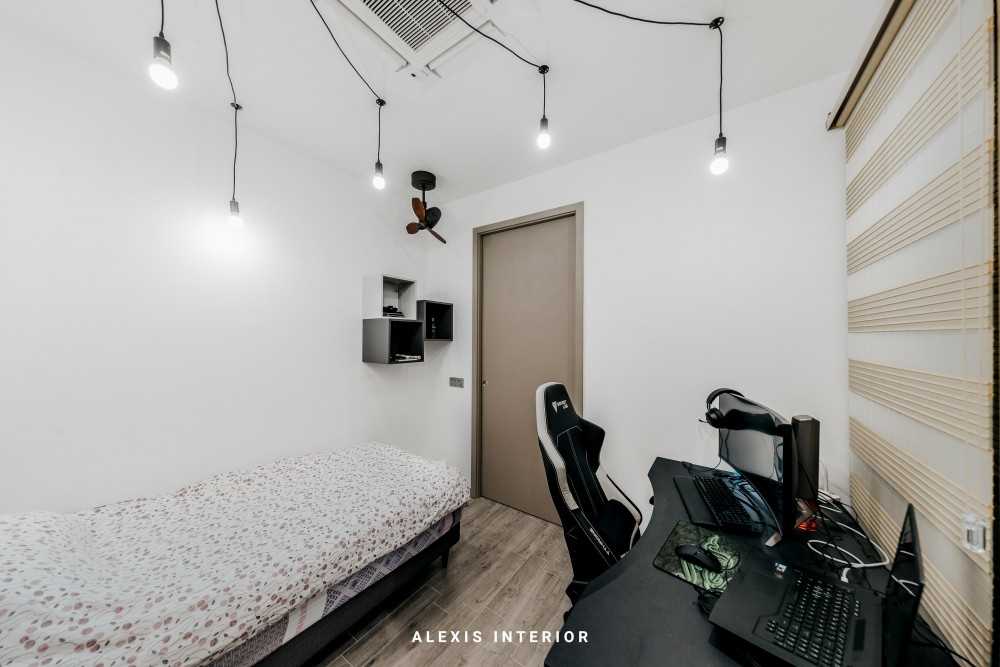 Contemporary Bedroom with Bookshelf and Ceiling Light