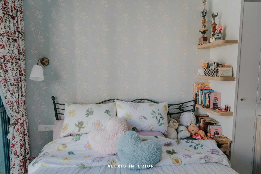 Country Bedroom with Bookshelf and Wallpaper