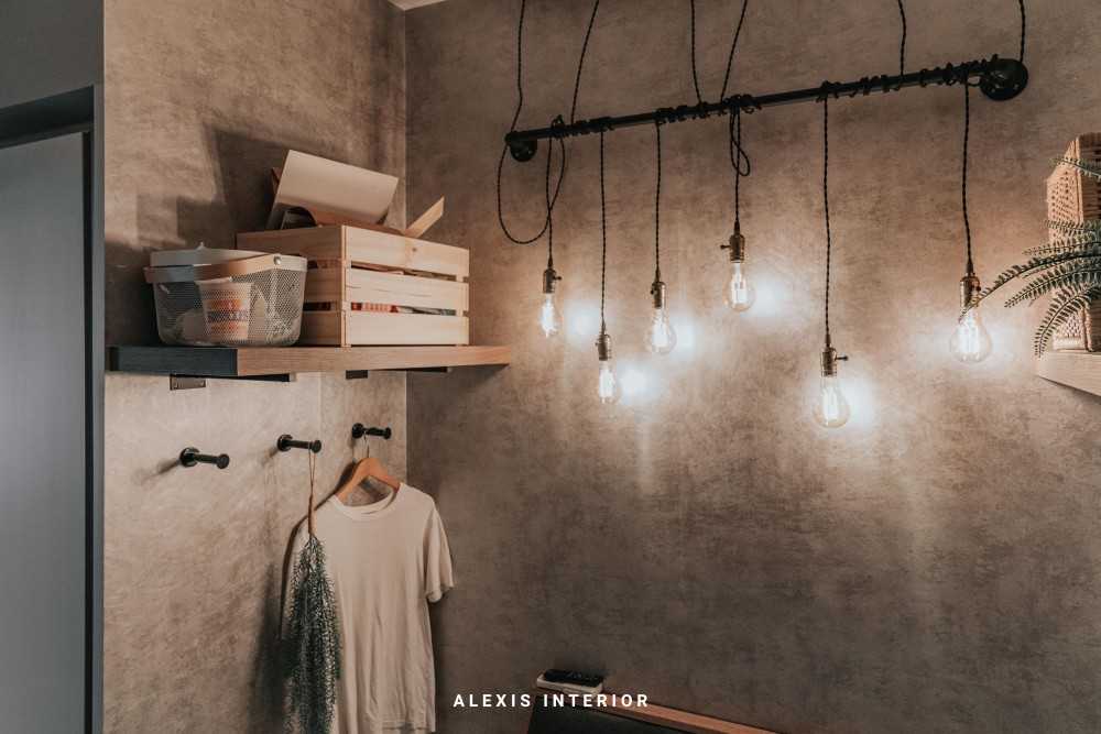 Country Bedroom with Shelving Units and Lighting