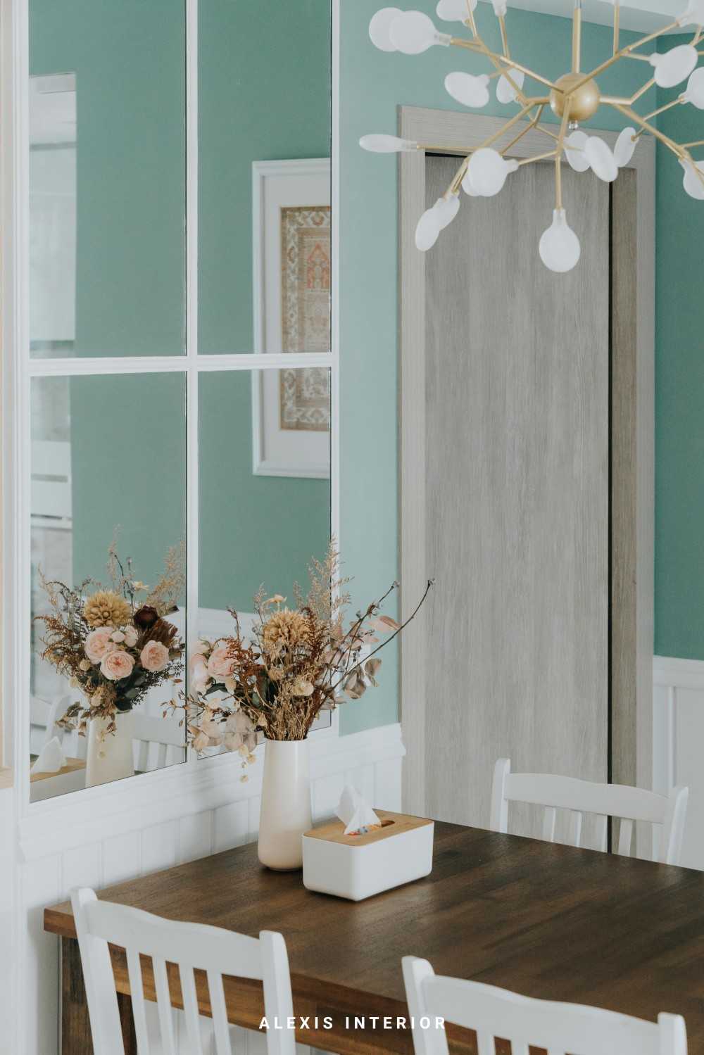 Country Dining Room with Mirror and Flower Pots