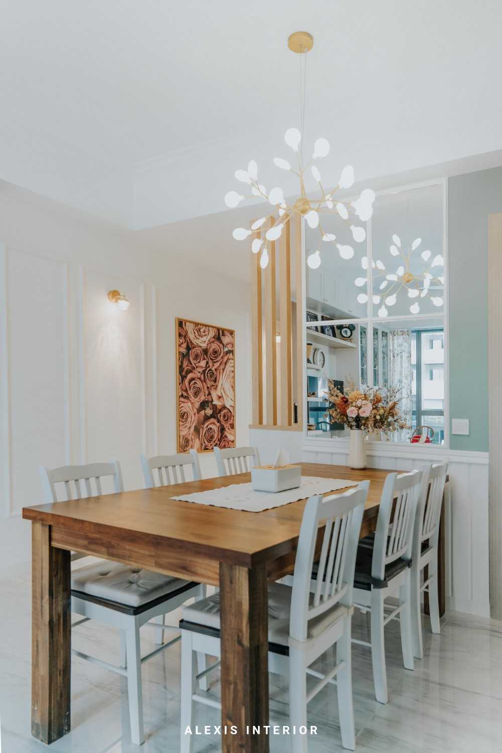 Country Dining Room with Mirror and Green Wall