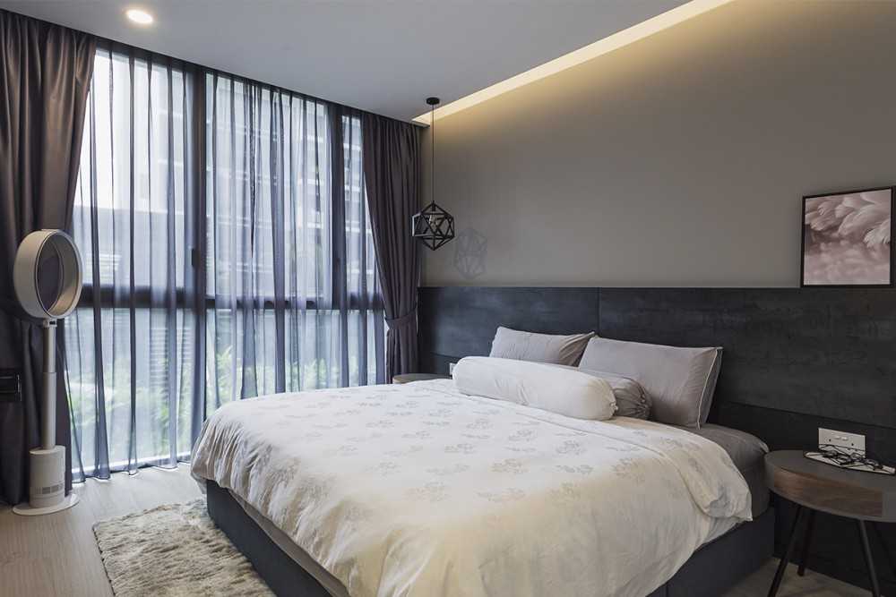 Industrial Bedroom with Cove Lighting and Built-in Bed