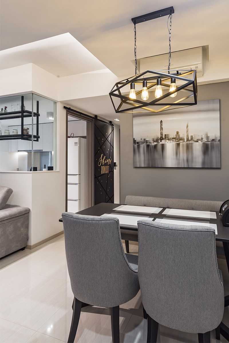 Industrial Dining Room with Seating Bench and Lighting