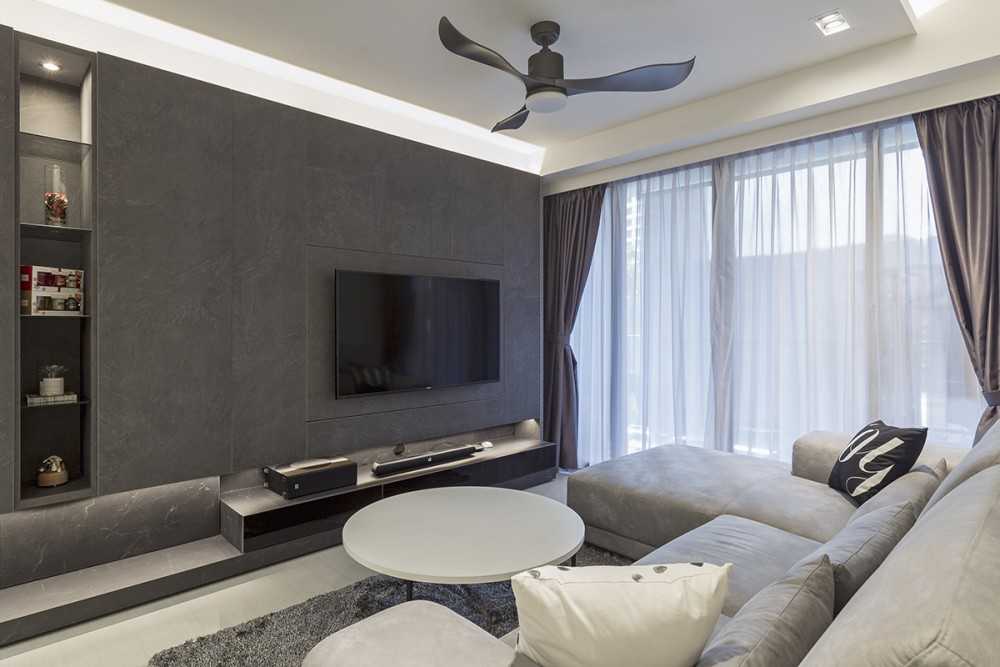 Industrial Living Room with Homogeneous Tiles and TV Console
