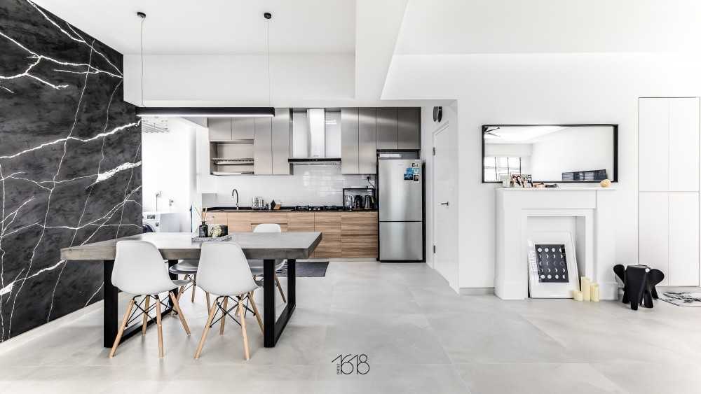 Minimalist Dining Room with Homogeneous Tiles and Feature Wall