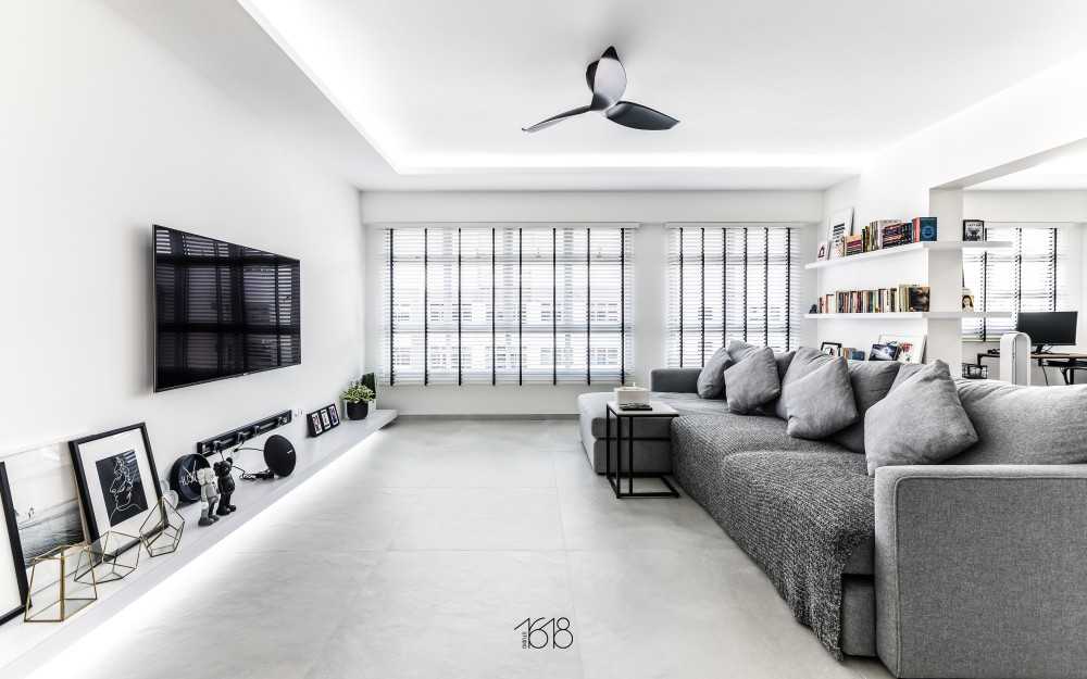Minimalist Living Room with Homogeneous Tiles and TV Console