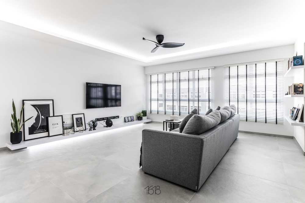 Minimalist Living Room with Homogeneous Tiles and TV Console