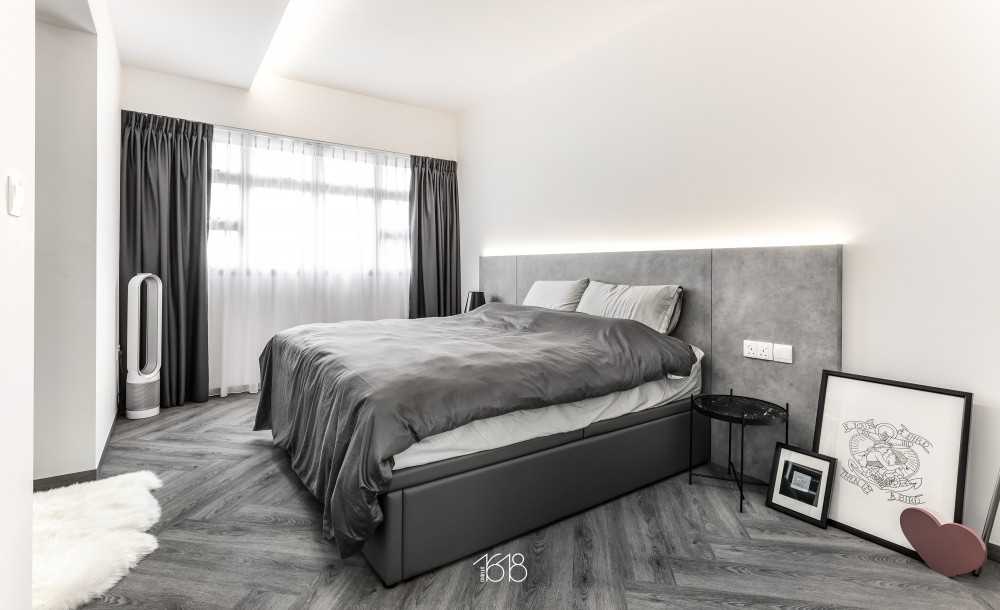 Minimalist Bedroom with Vinyl Flooring and Herringbone Tiling