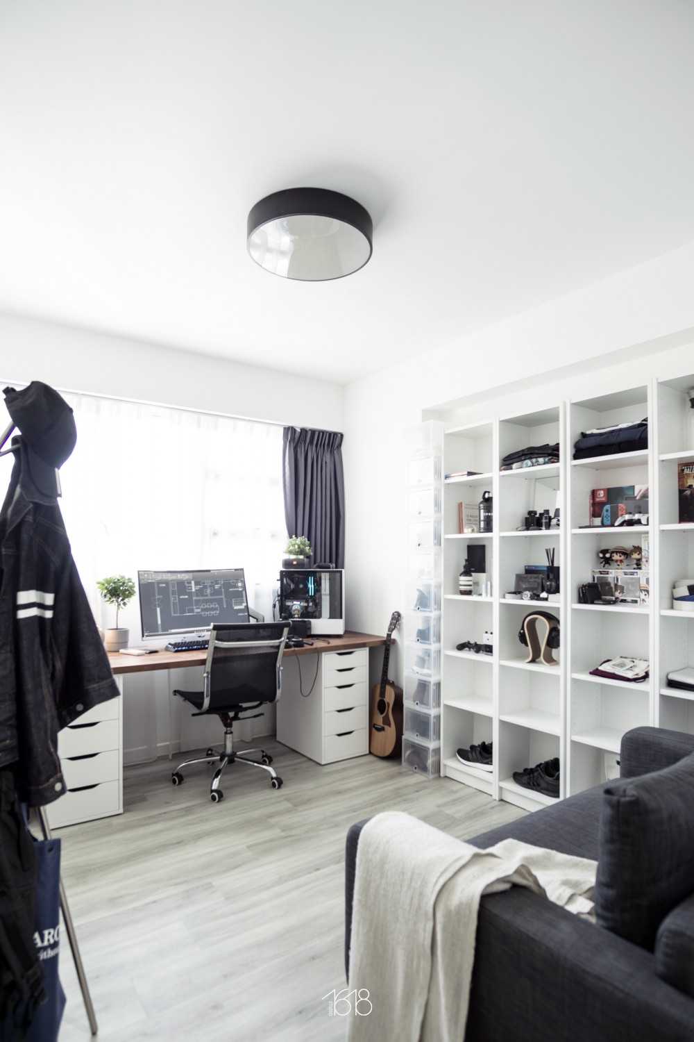 Minimalist Bedroom with Bookshelf and Vinyl Flooring