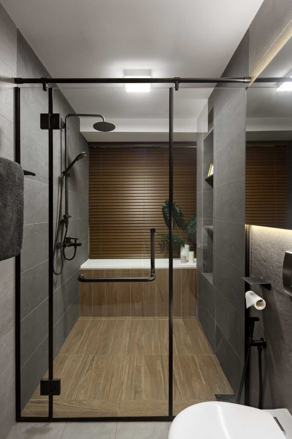 Contemporary Bathroom with Wood Flooring and Mirror