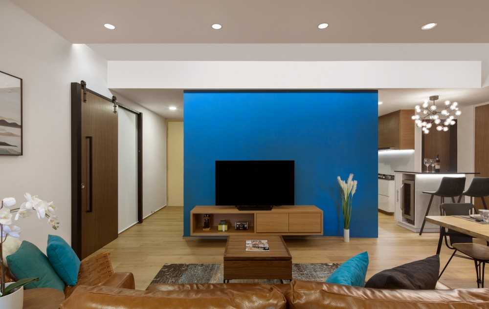 Contemporary Living Room with TV Console and Cove Lighting