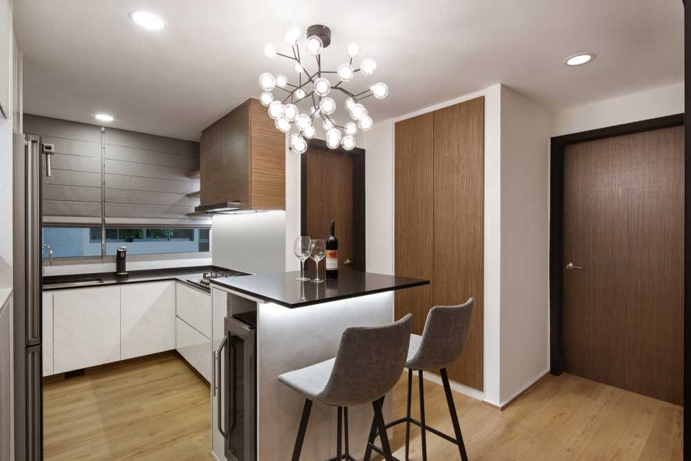Contemporary Kitchen with Wood Flooring and Cupboard