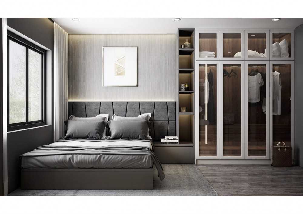 Modern Bedroom with Bookshelf and Wardrobe