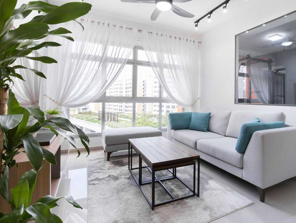 Modern Living Room with Homogeneous Tiles and TV Console