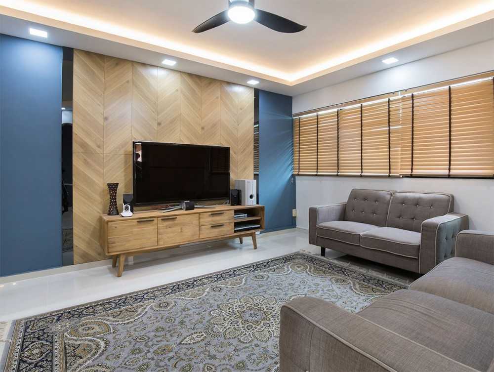Modern Living Room with Homogeneous Tiles and Feature Wall
