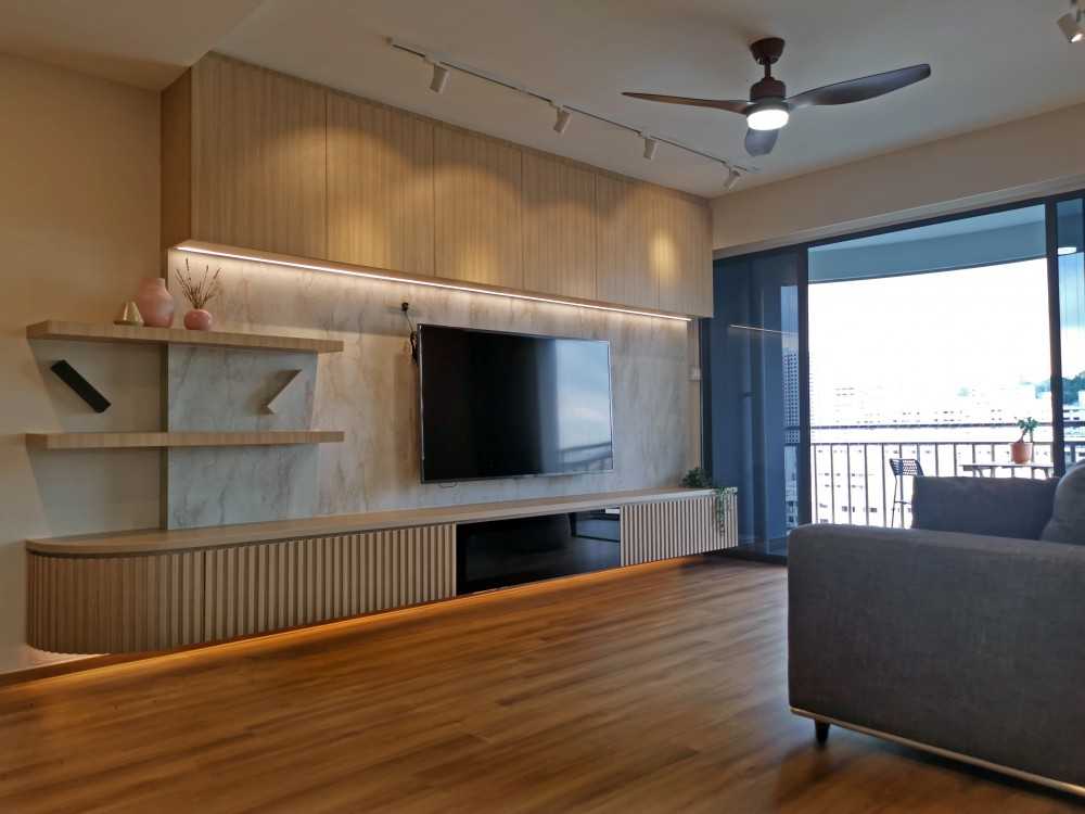 Minimalist Living Room with Bookshelf and Vinyl Flooring