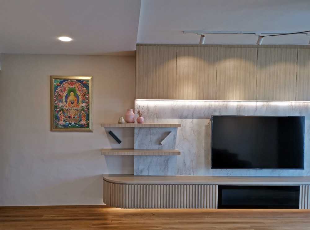 Minimalist Living Room with Bookshelf and Vinyl Flooring
