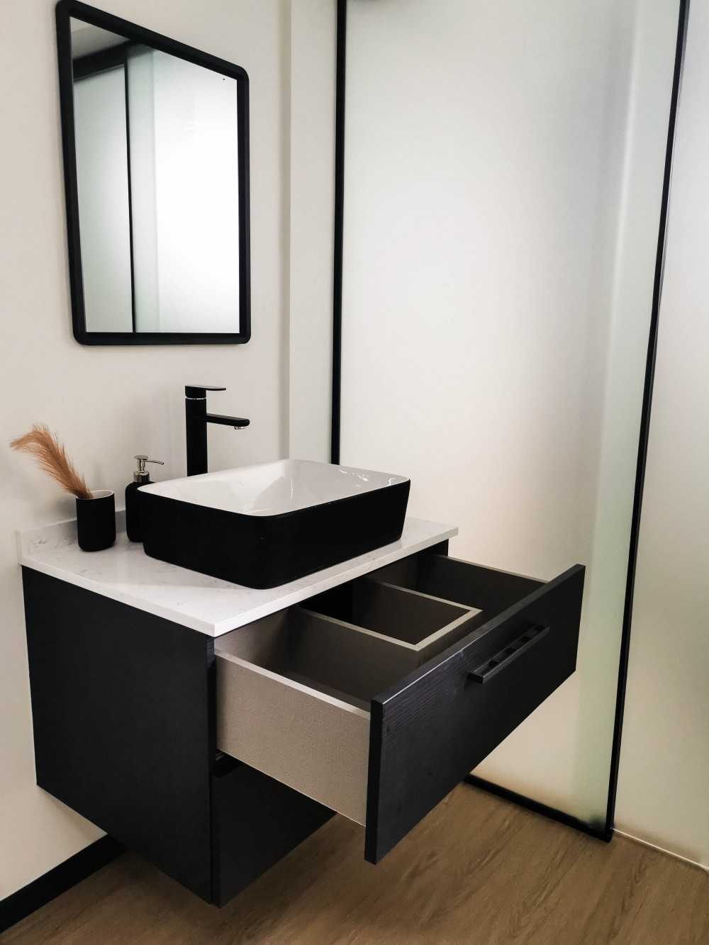 Industrial Bathroom with Countertop and Parquet Floor