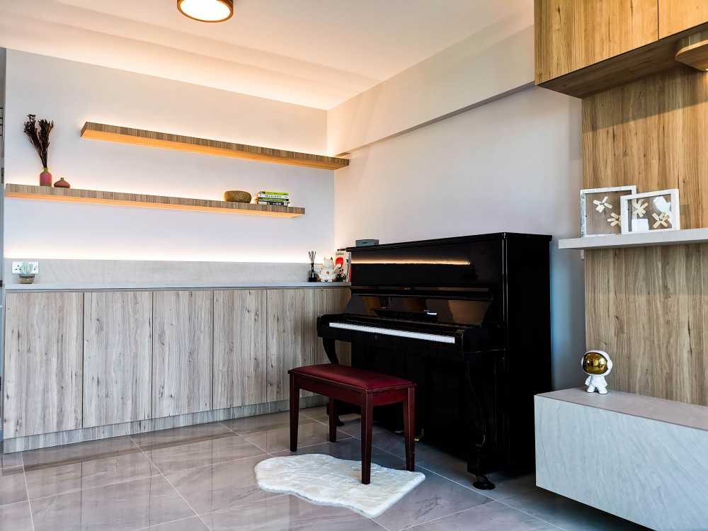 Industrial Living Room with Bookshelf and Feature Wall