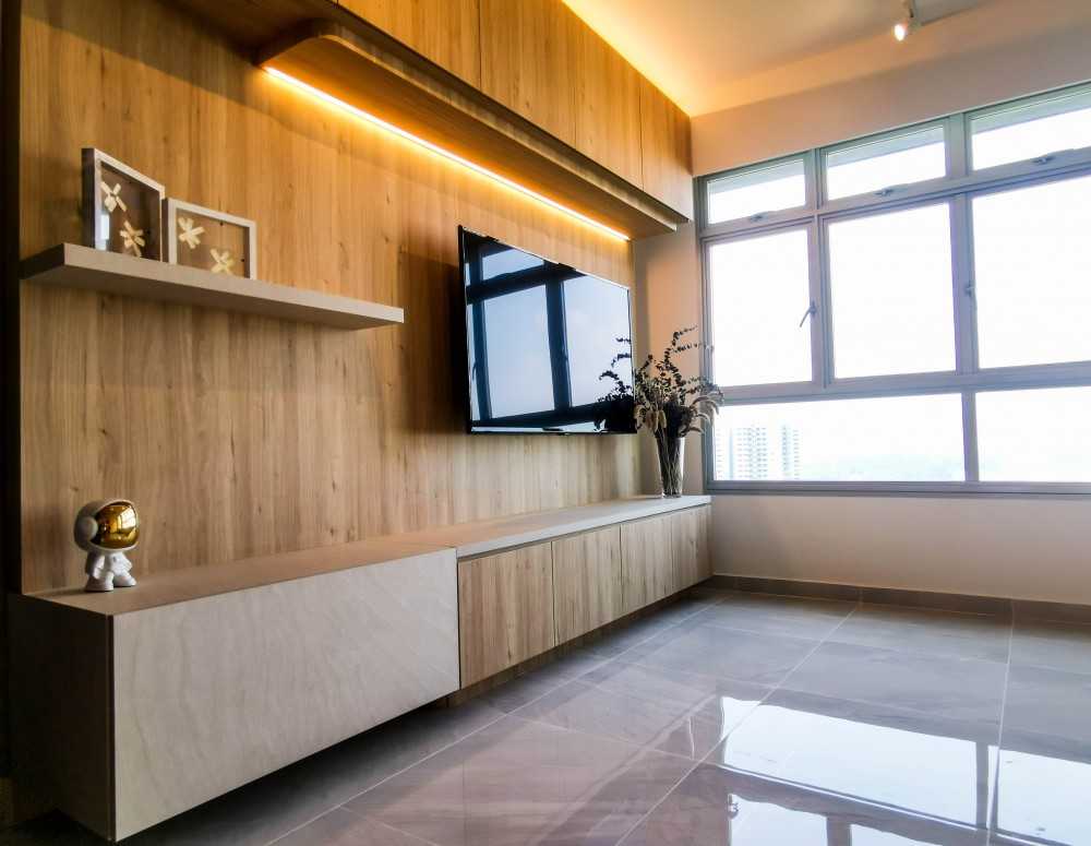 Industrial Living Room with Bookshelf and Feature Wall