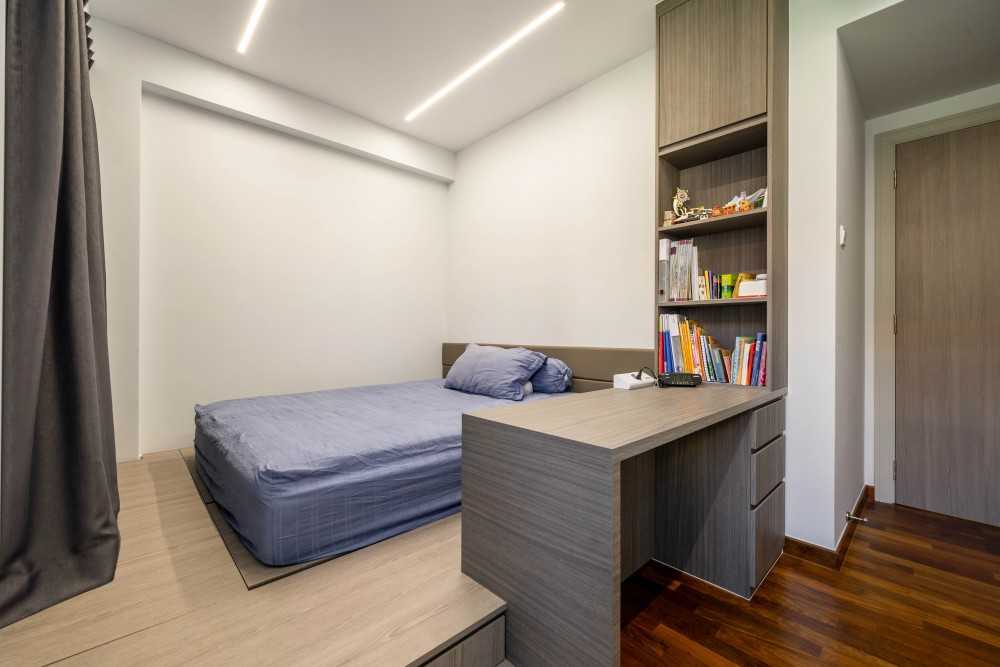 Contemporary Bedroom with Bookshelf and Platform Bed