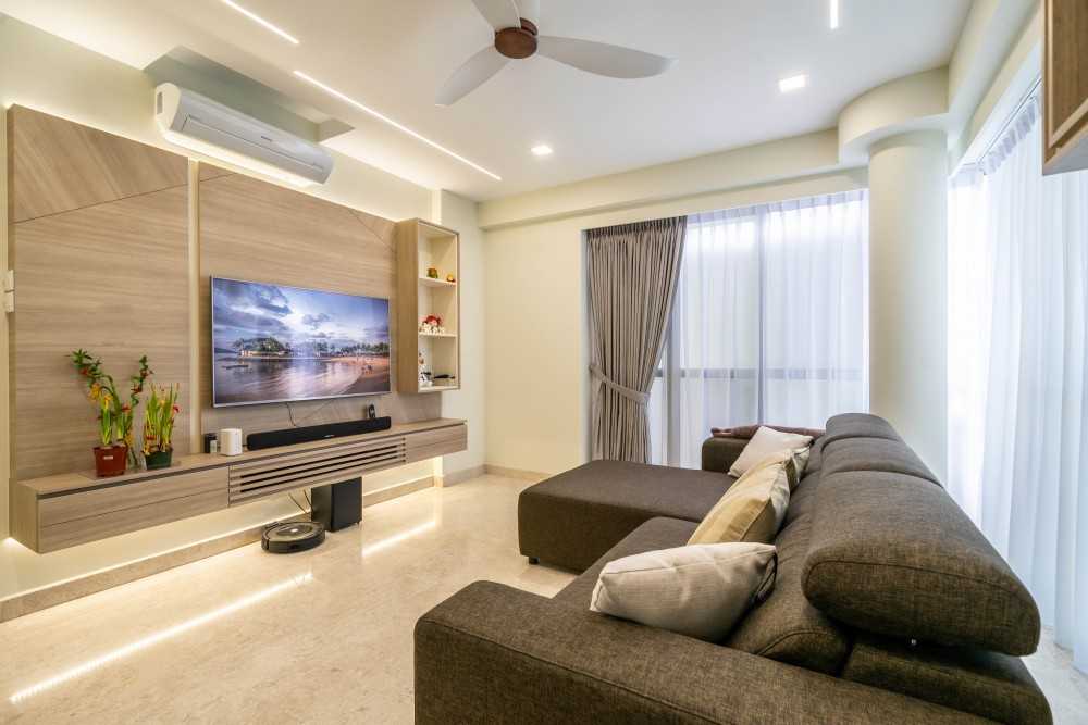 Contemporary Living Room with TV Console and Feature Wall