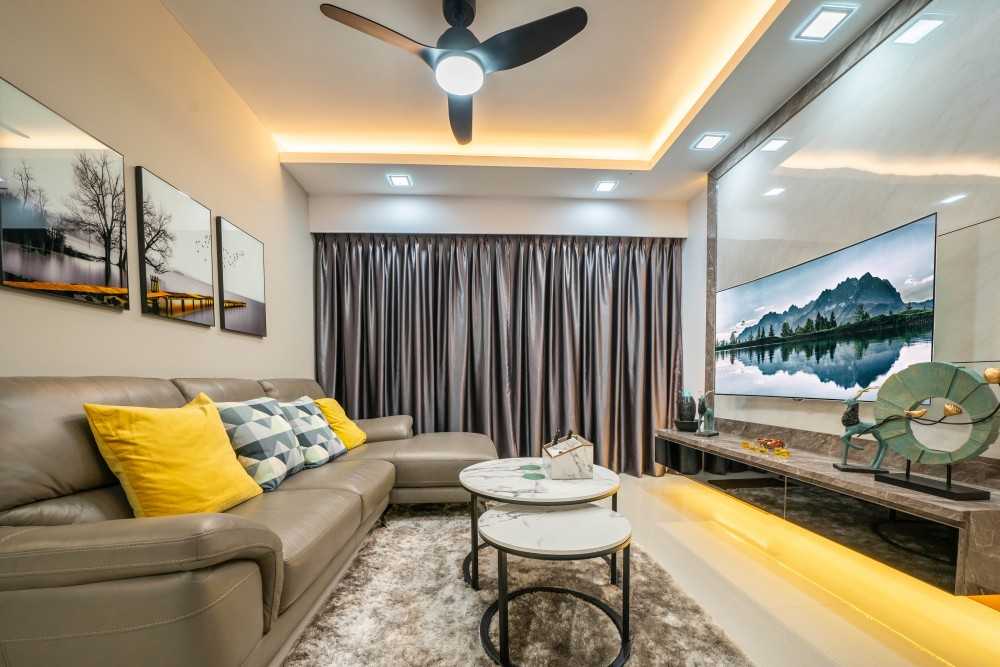 Contemporary Living Room with TV Console and Feature Wall