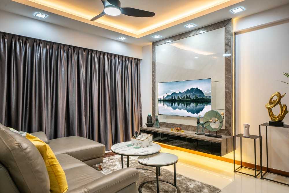 Contemporary Living Room with TV Console and Feature Wall
