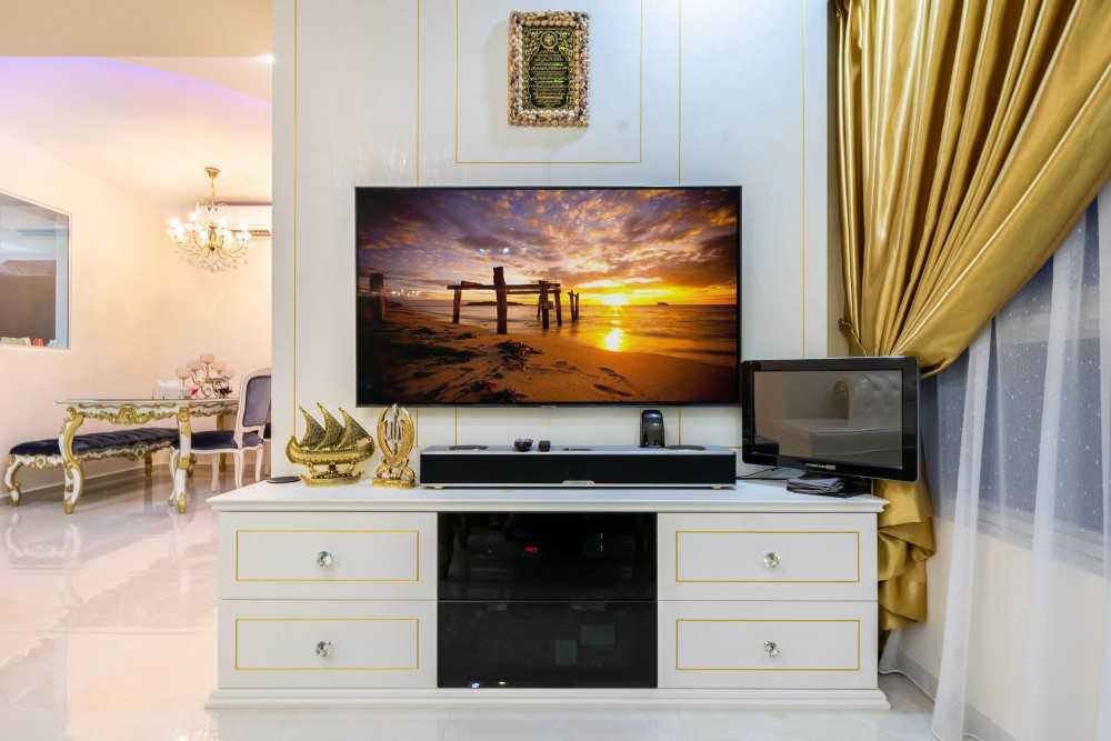 Modern Living Room with Homogeneous Tiles and TV Console