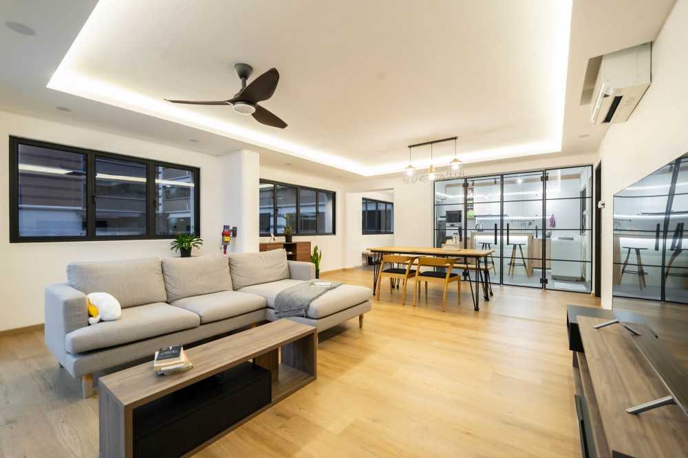 Scandinavian Living Room with Wood Flooring and TV Console