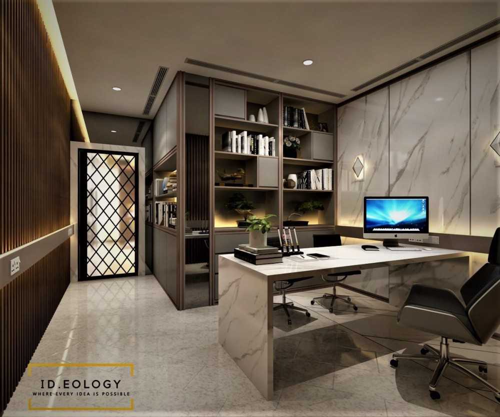 Contemporary Home Office with Bookshelf and Wallpaper