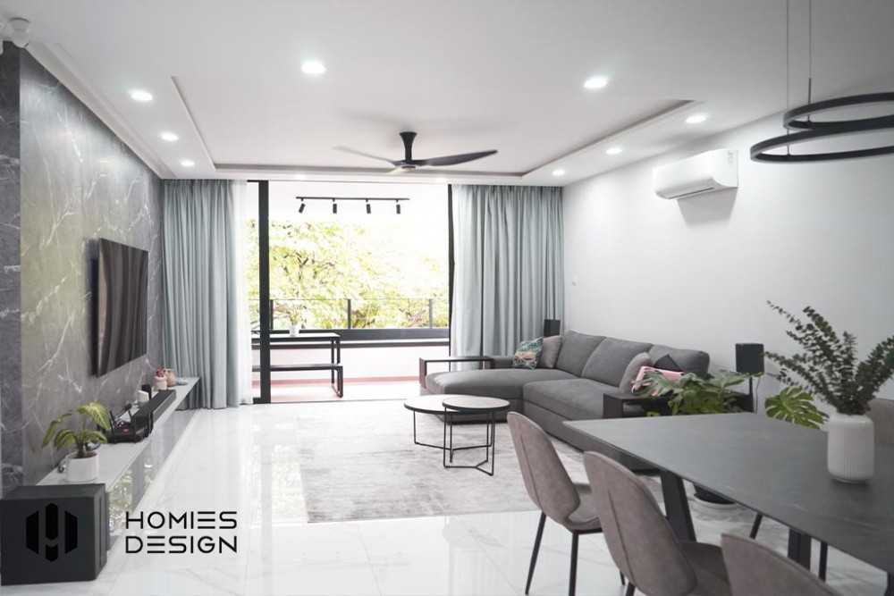 Minimalist Living Room with Bookshelf and Herringbone Tiling
