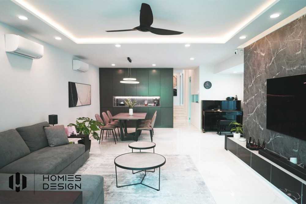 Minimalist Living Room with Wood Flooring and Drop Light
