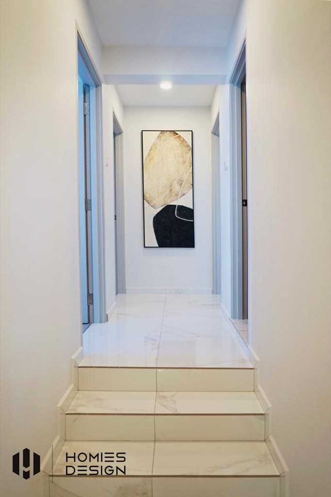 Minimalist Hallway with Bookshelf and Artwork